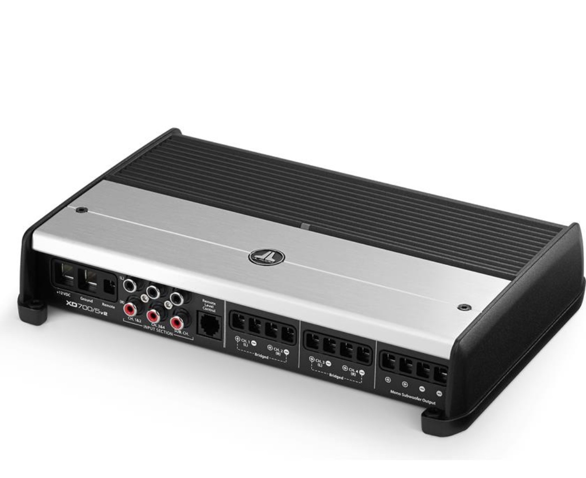 JL Audio XD700/5v2
5-channel car amplifier — 75 watts RMS x 4 at 4 ohms + 300 watts RMS x 1 at 2 ohms